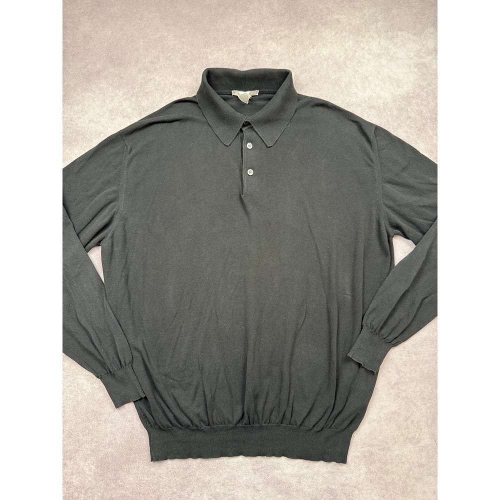 Ermenegildo Zegna Mens XL 54 Black 100% Cotton Polo Sleeve Sweater Classic Italy